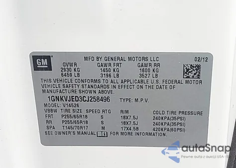 2012 Chevrolet Traverse 2Lt из США, поврежденный, VIN 1GNKVJED3CJ258496